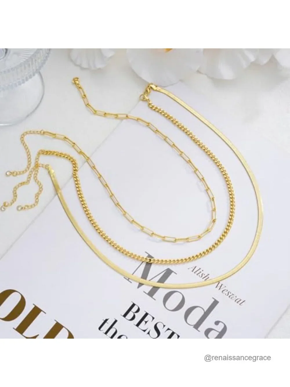 14K Gold Plated Layered Necklace Set for Women - Herringbone, Paperclip, Cuban